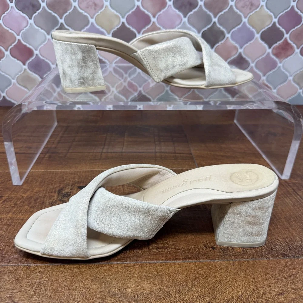 Paul Green Lauren Sandal-Mineral Metallic-Suede Cross Strap Block Heel Sz4/US6.5